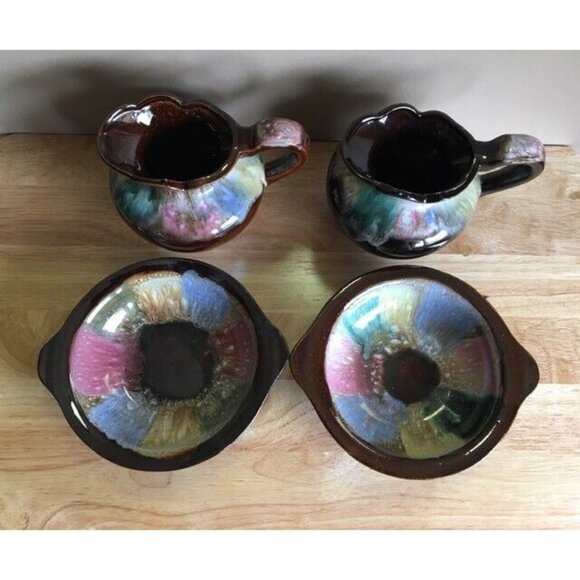 4 Piece Set Ceramic Drip Glaze Pottery 2 Pitchers & 2 Plates 4.5" x 4" Japan VTG - Picture 3 of 11